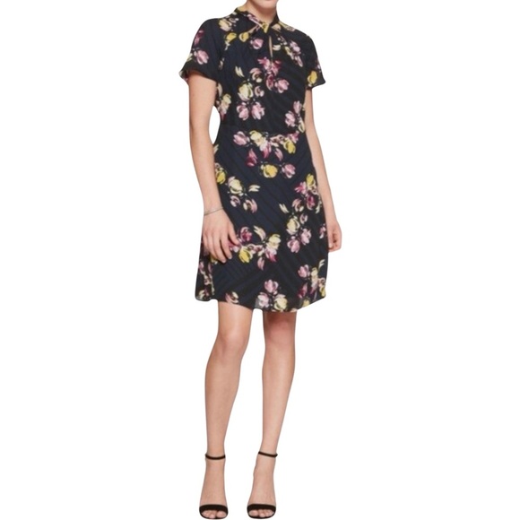 Banana Republic New Dress Twist Neck Short Sleeve Sheath Floral Navy Blue 0 XS - Picture 3 of 16